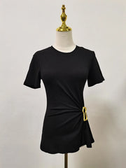 Casual plain pleated patchwork round neck short sleeve t-shirts with spliced metal buckle
