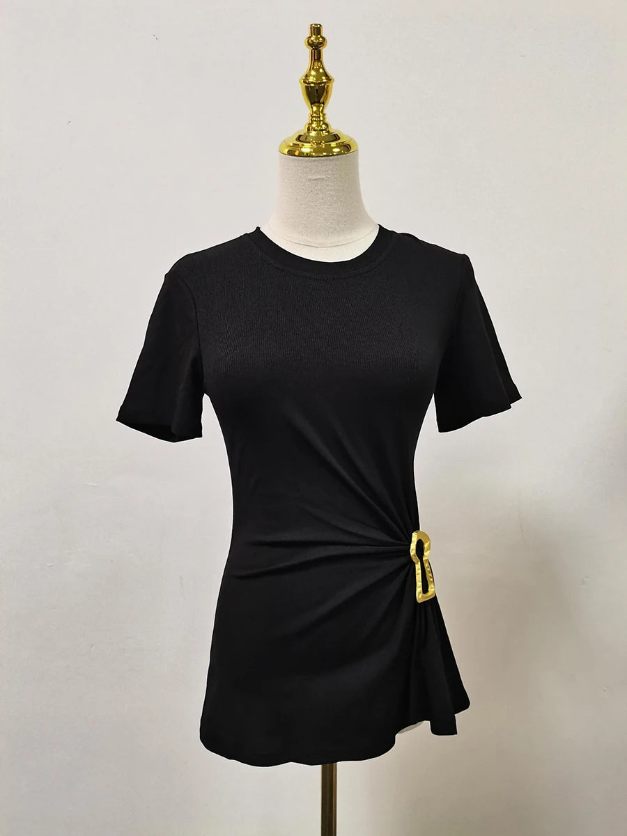 Casual plain pleated patchwork round neck short sleeve t-shirts with spliced metal buckle