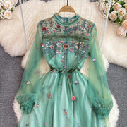 Temperament Flower Letter Embroidery Dress Long Sleeve Mesh Lace Ruffles High Quality