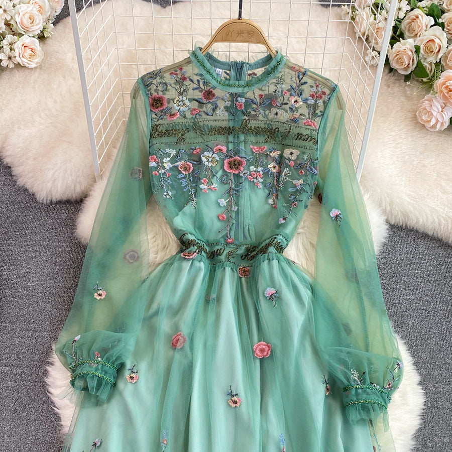 Temperament Flower Letter Embroidery Dress Long Sleeve Mesh Lace Ruffles High Quality