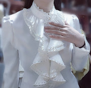 High quality pearl collar long sleeve white shirt