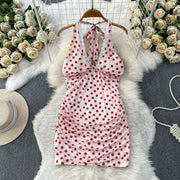 Elegant Sexy Lace Trim Knot V-Neck Halter Woman Dress Summer Ruffle Mesh Polka Dot Mini Woman Party Club Daily Streeywear Dress
