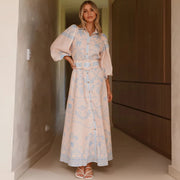 Women Shirt Collar Vintage Floral Print Puff Sleeve Single Breasted Spring Summer Long A Line Cotton Linen Dress