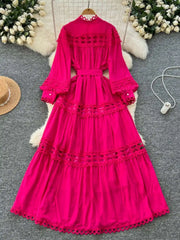 Elegant retro style slit maxi dress with pearl buttons and high-quality crochet embroidery