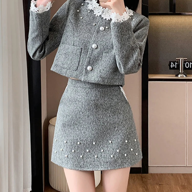 Tweed Two Piece Set Sweet Lace Round Neck Short Coat and A-Line Mini Skirt