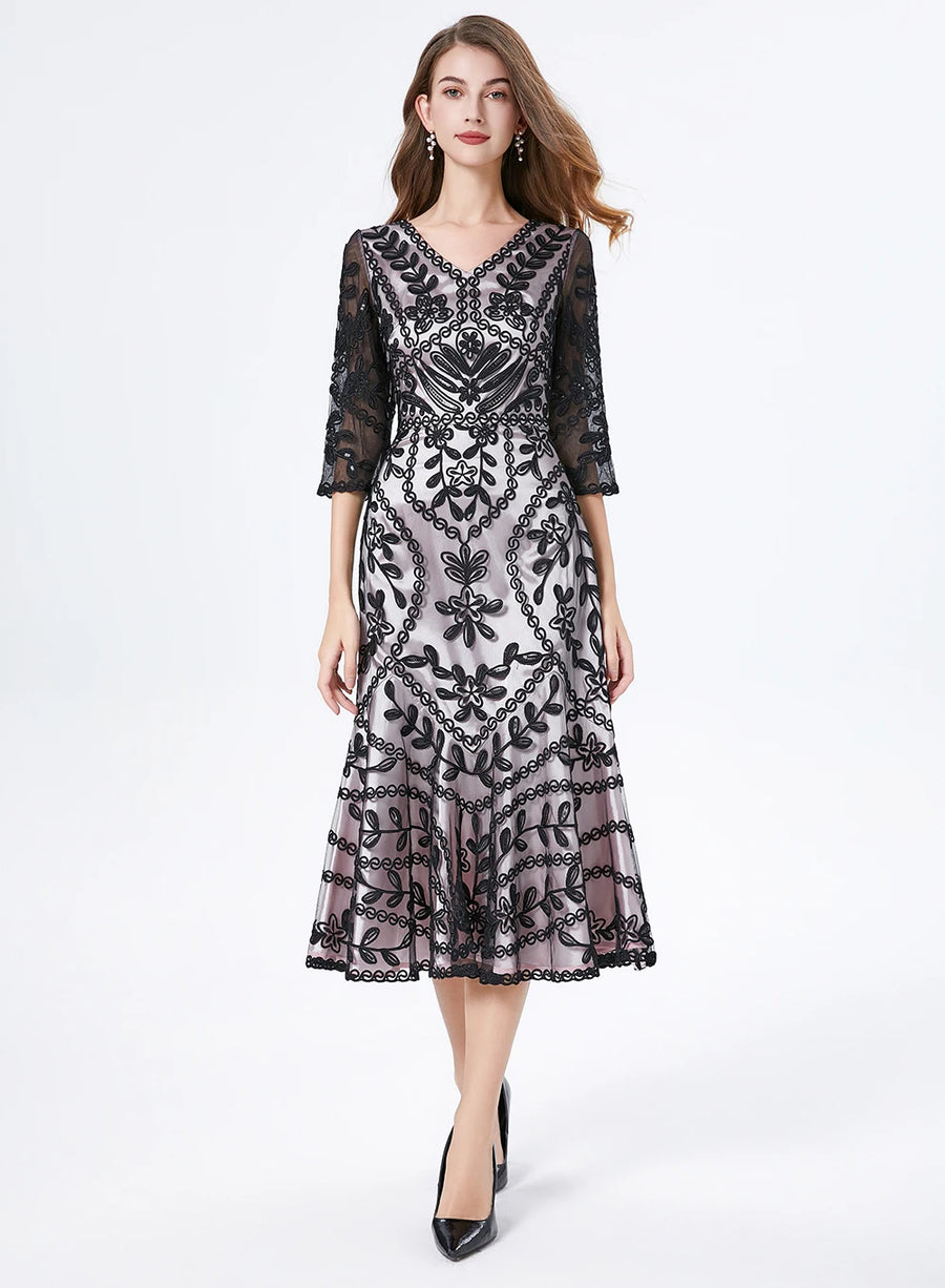 3/4 Sleeve V Neck Flower Embroidery Dress with High Quality Sequins