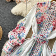 High Quality Belted High Neck Lantern Sleeves Long Floral Dress