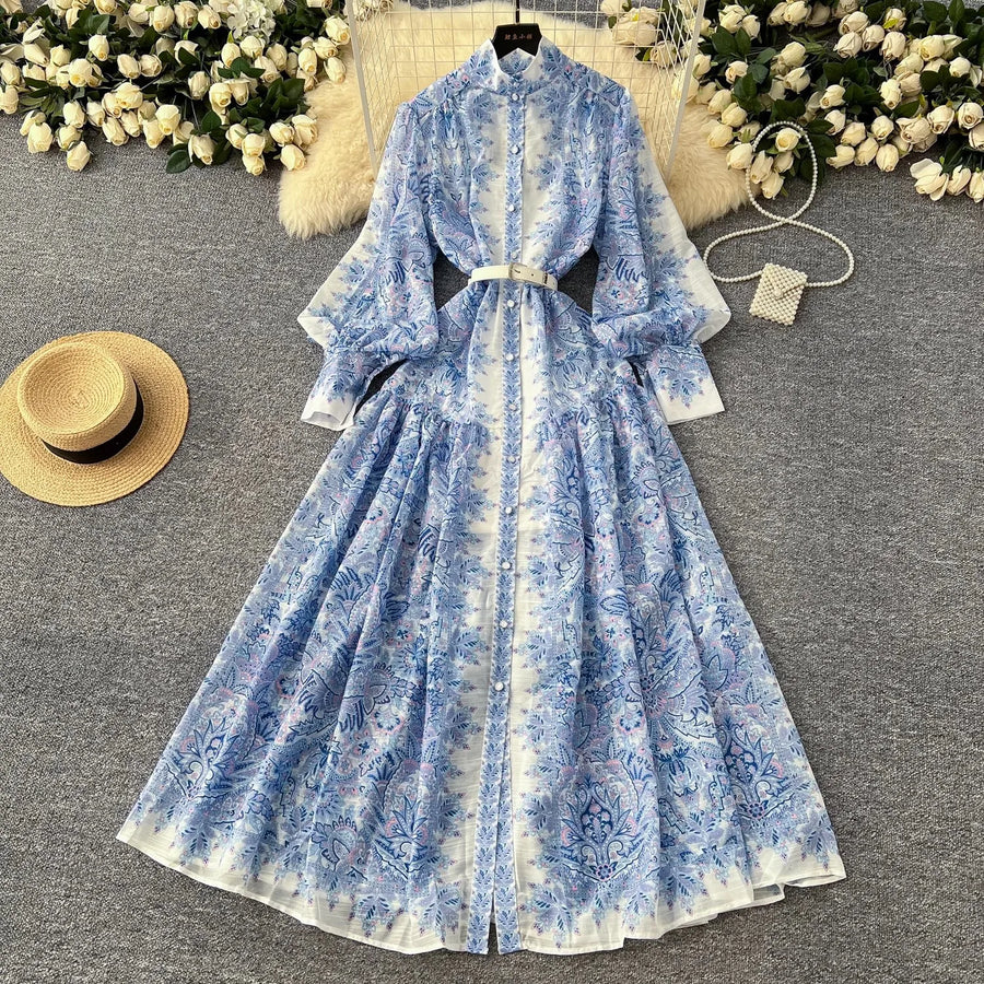 Retro bohemian paisley print dress with long lantern sleeves and high quality belt blue / L Retro bohemian paisley print dress with long lantern sleeves and high quality belt blue / L