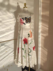 High Quality Spaghetti Strap Floral Print Cotton Linen Long Embroidered Flower Butterfly Dress