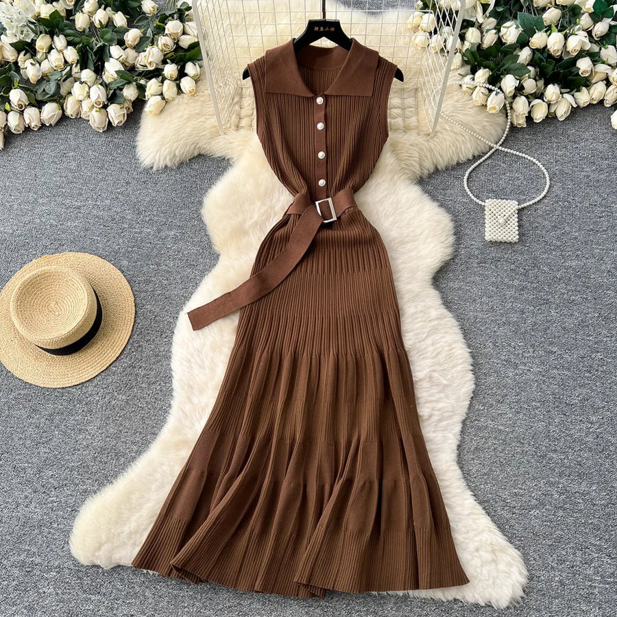 SINGREINY 1950s Ribbed Knit Dress Sleeveless Lapel Belt French Ins Chic Spring Summer Celebrity Style Feminine A-line Long Dress