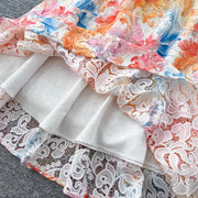 Crochet Lace Embroidery Hollow Out Floral Print Maxi Dress Autumn Women Long Lantern Sleeve Pearl Buttons Up Belt Prom Clothing