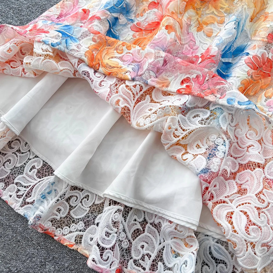 Crochet Lace Embroidery Hollow Out Floral Print Maxi Dress Autumn Women Long Lantern Sleeve Pearl Buttons Up Belt Prom Clothing