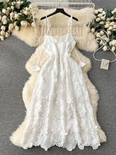High Quality Sleeveless Spaghetti Strap Floral Embroidery White Dress