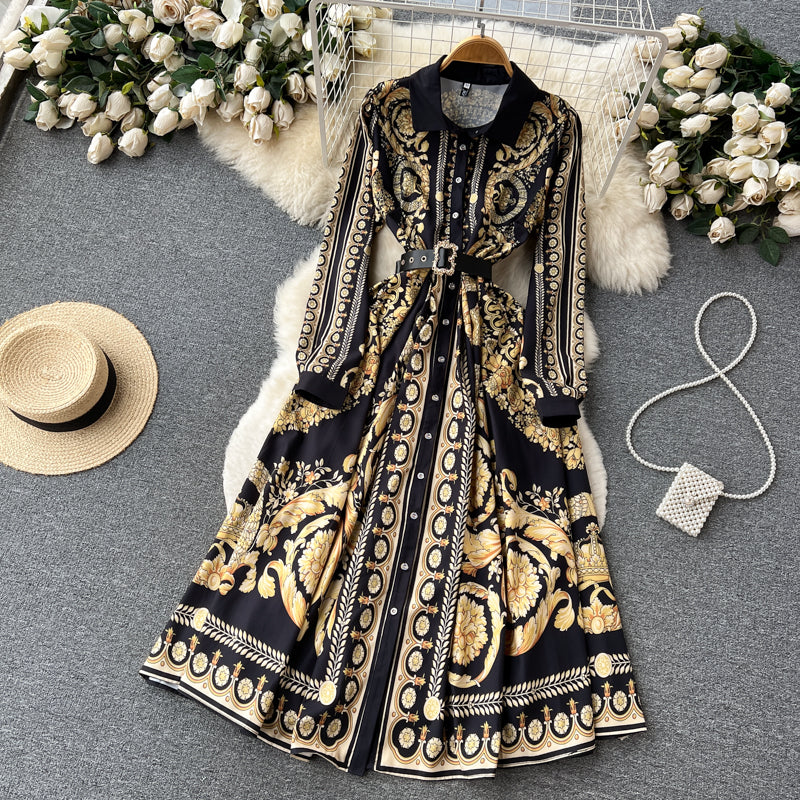 High Quality Gold Floral Print Belt Full Sleeve Single Breasted Maxi Dress