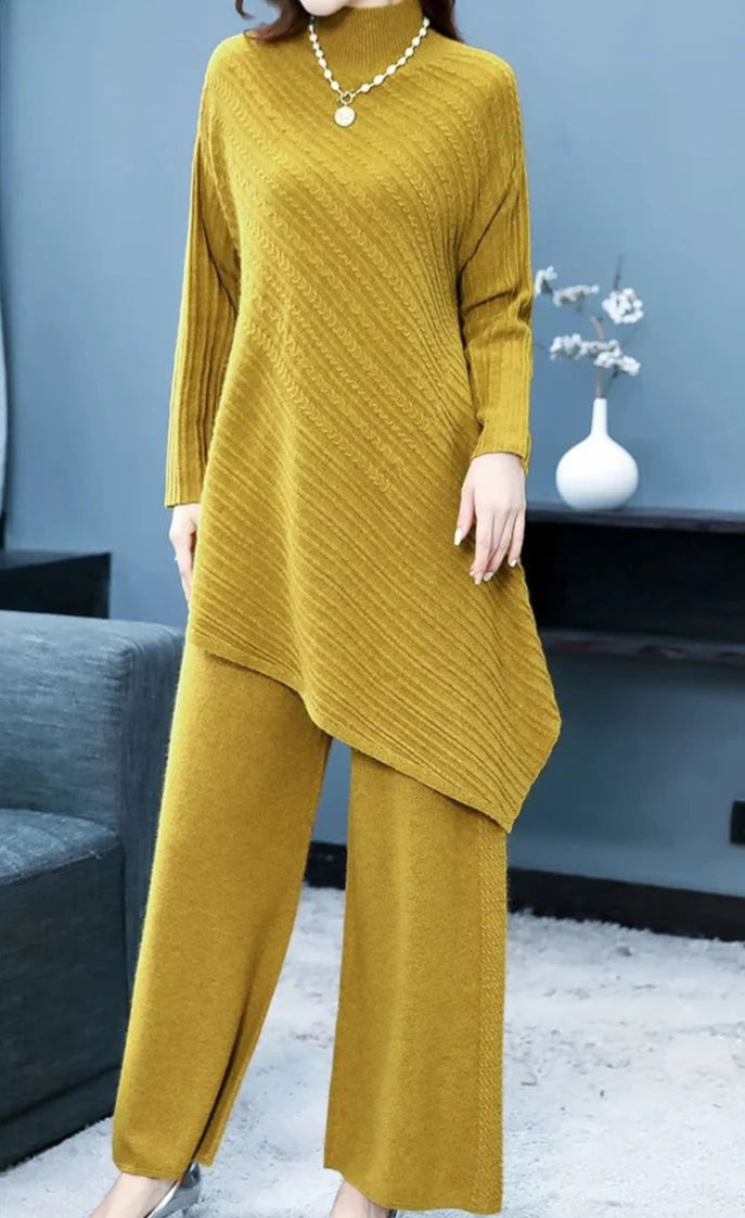 High Quality Turtleneck Knitted Wide Leg Irregular 2 Piece Set