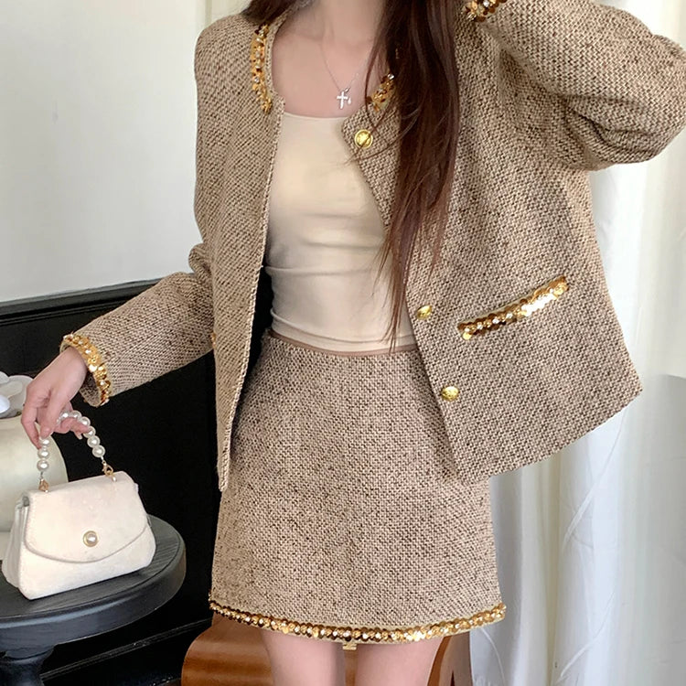 Autumn French Socialite Sequin Tweed Short Coat High Waist Slimming Mini Skirt Set Luxury Style Two Piece Sets Women Outfits