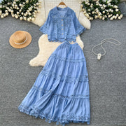 Luxury Long Dresses 2 Piece Sets Women Summer Holiday Hollow Out Crop Tops Elastic Waist Maxi Skirts Suits A Line Party Vestidos