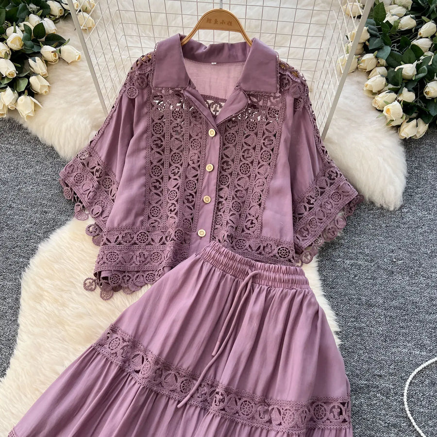 Luxury Long Dresses 2 Piece Sets Women Summer Holiday Hollow Out Crop Tops Elastic Waist Maxi Skirts Suits A Line Party Vestidos