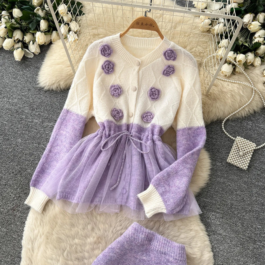Elegant Knit Patchwork Two Pieces Sets Chic Vintage Cardigan High Waist Mesh Mermaid Skirt Casual Vacation Sets
