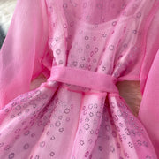 Fashion Temperament Bandage Slim Waist Dress Fairy Gauze Ruffled Long Robe Turn-down Collar Single Breasted Diamonds Vestidos