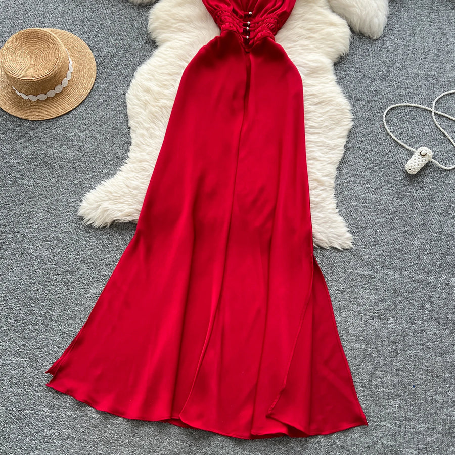 Elegant Satin V-neck Chic Straps Sexy Sleeveless Hotsweet Slim Slip Long Dresses Vintage High Street Women Clothing