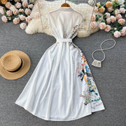 High Quality Bow Flower Print Sleeveless White Shirt Dress