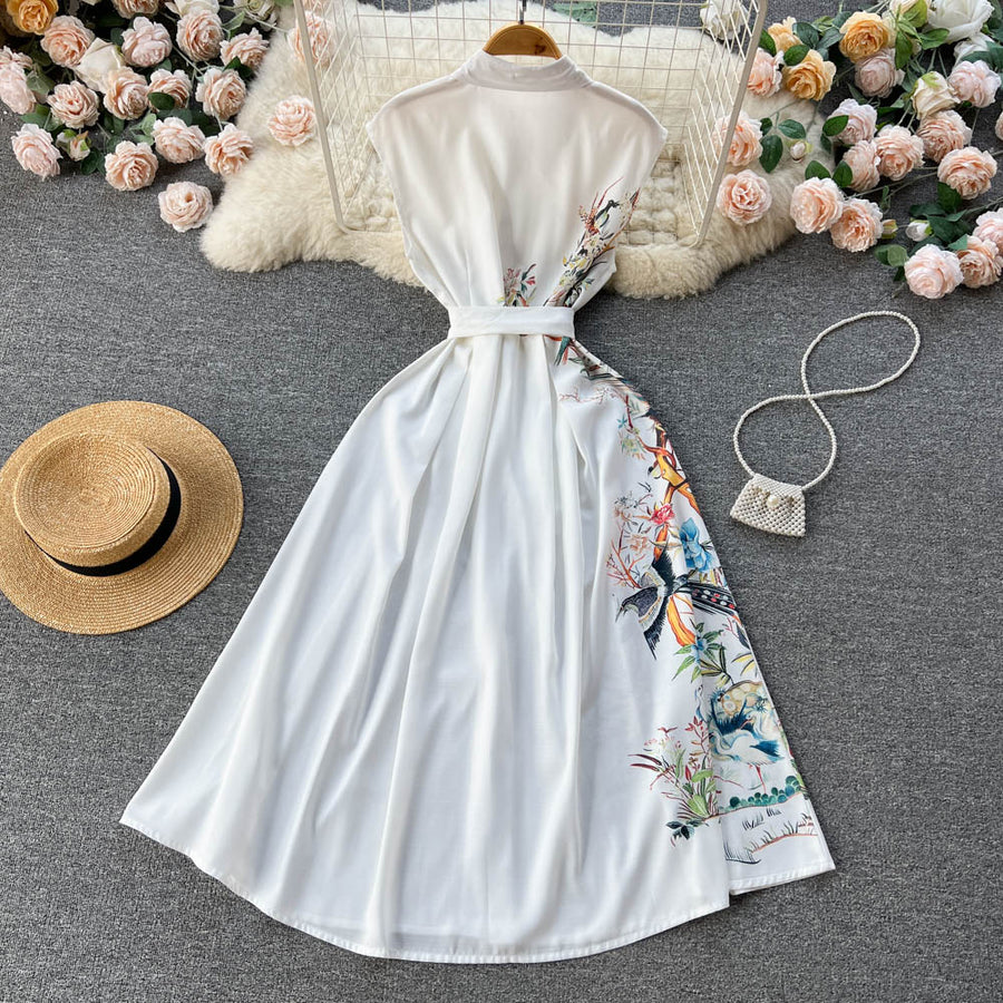 High Quality Bow Flower Print Sleeveless White Shirt Dress