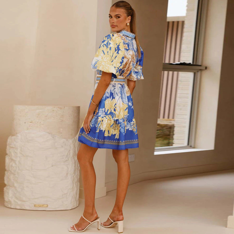 Women Elegant Floral Print Turndown Collar Single Breasted A Line Mini Dress