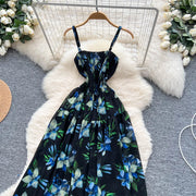 Women's long floral dress with thin straps, sleeveless, elastic, ruched with high-quality print