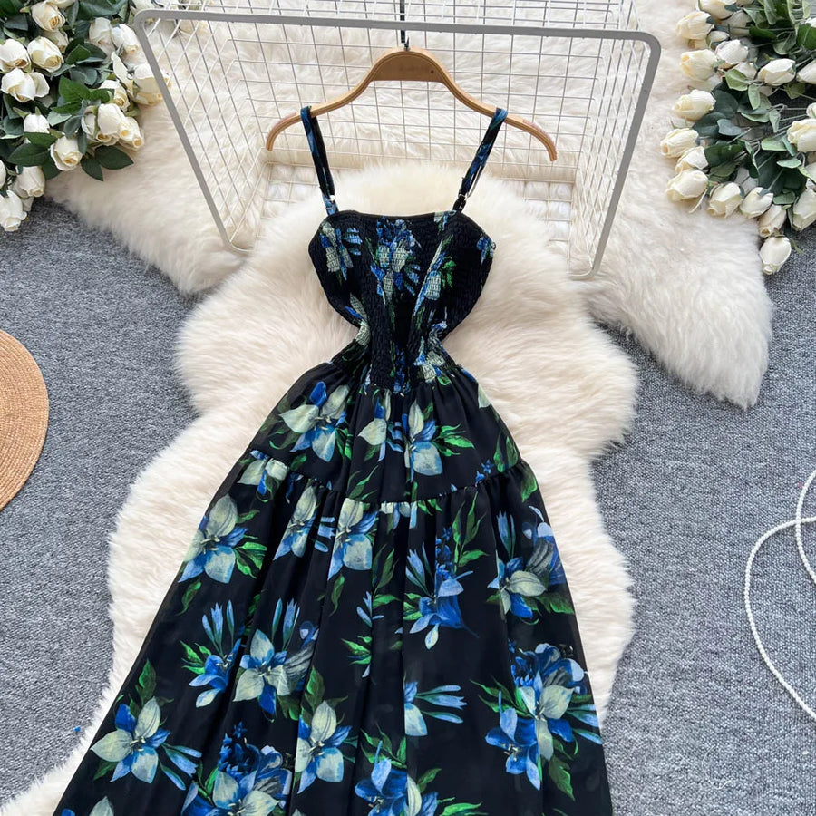 Women's long floral dress with thin straps, sleeveless, elastic, ruched with high-quality print