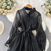 Fashion Temperament Bandage Slim Waist Dress Fairy Gauze Ruffled Long Robe Turn-down Collar Single Breasted Diamonds Vestidos
