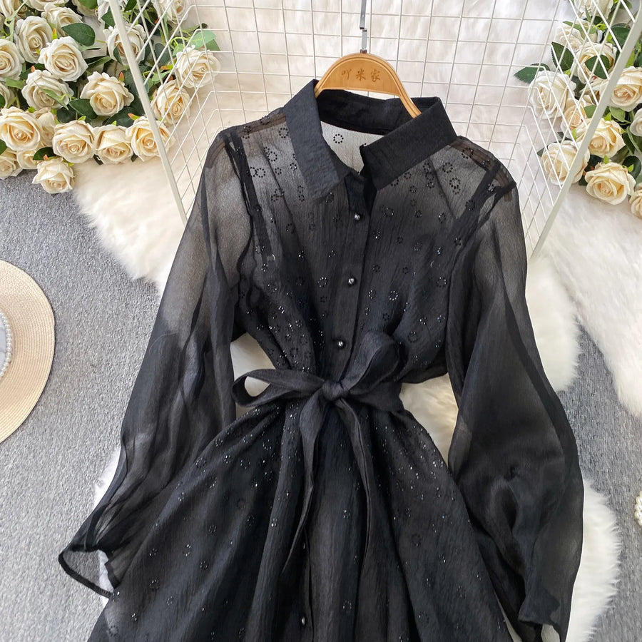 Fashion Temperament Bandage Slim Waist Dress Fairy Gauze Ruffled Long Robe Turn-down Collar Single Breasted Diamonds Vestidos