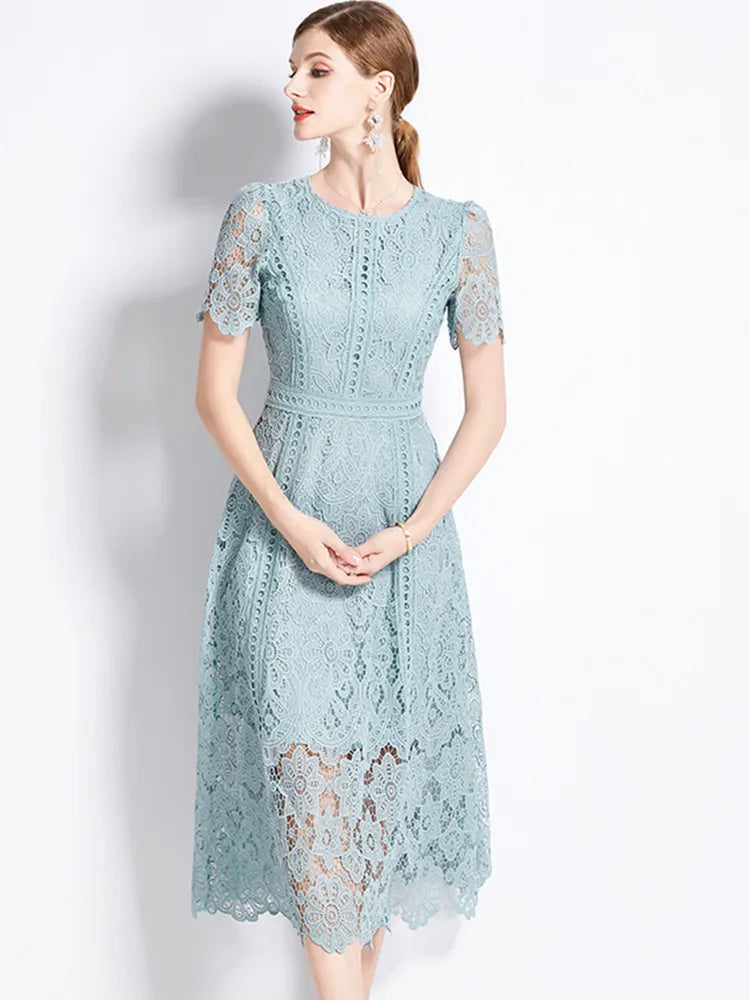 High quality openwork lace short sleeve round neck high-end vintage dress