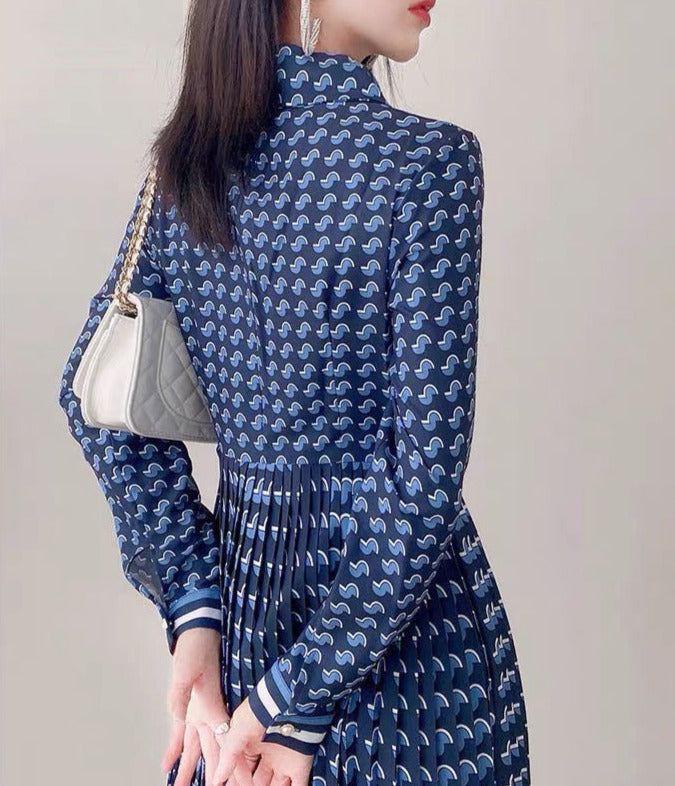 Blue Plaid Turndown Collar Long Sleeve Pleated High Waist Elegant High Quality Dresses