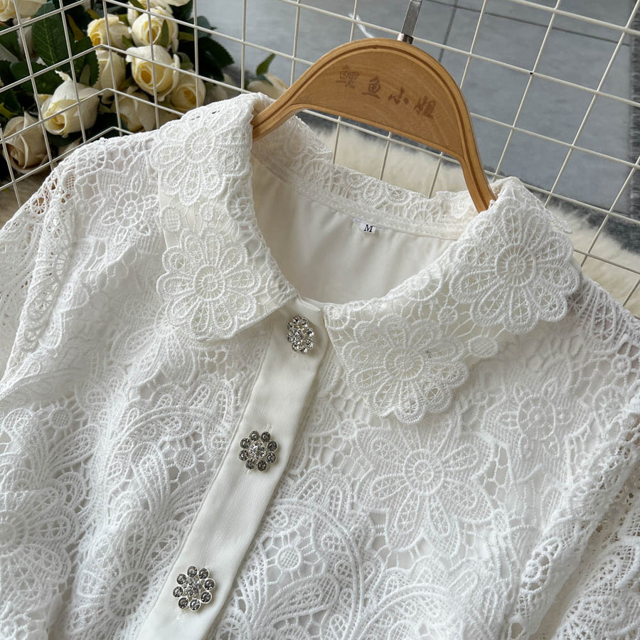 High Quality Long Sleeve Floral Embroidery Button Pleated White Elegant Dress