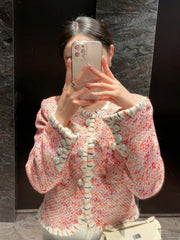 Spring New Women Slim Fit Spliced Tweed Jacket French Style Office Lady Work Outwear Coat O Neck Pockets Crystal Buttons Jacket