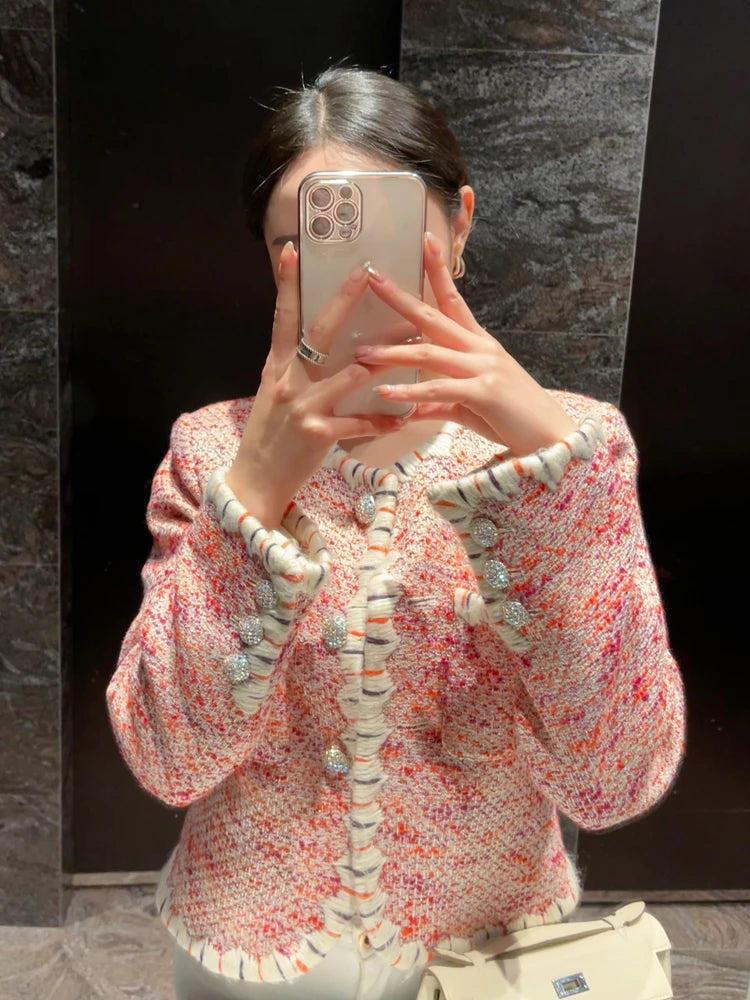 Spring New Women Slim Fit Spliced Tweed Jacket French Style Office Lady Work Outwear Coat O Neck Pockets Crystal Buttons Jacket