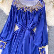 High Quality Various Colors Lantern Sleeve O Neck Maxi Embroidered Dress