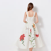 High Quality Spaghetti Strap Floral Print Cotton Linen Long Embroidered Flower Butterfly Dress