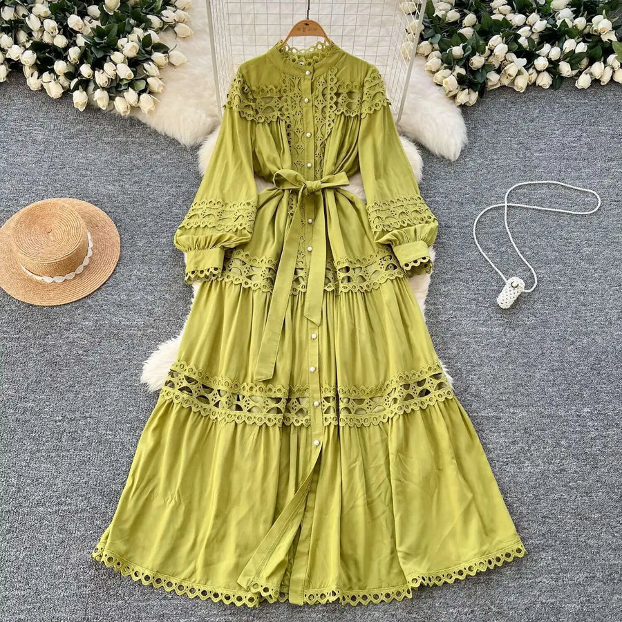 Elegant retro style slit maxi dress with pearl buttons and high-quality crochet embroidery