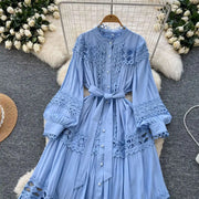 Elegant retro style slit maxi dress with pearl buttons and high-quality crochet embroidery