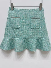 Shiny Diamonds Sequins Elegant Slim Fit Office Ladies Tweed Short Jacket High Waist A-Line Skirts Women Fashion Two Piece Set