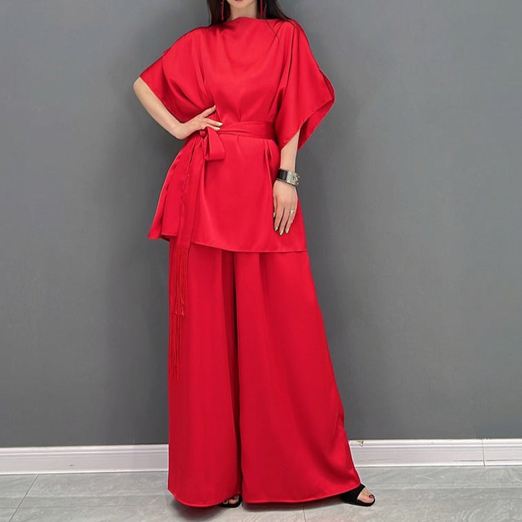 2 Piece Set Stylish Half Sleeve Blouses + With High Quality Wide Leg Long Pants