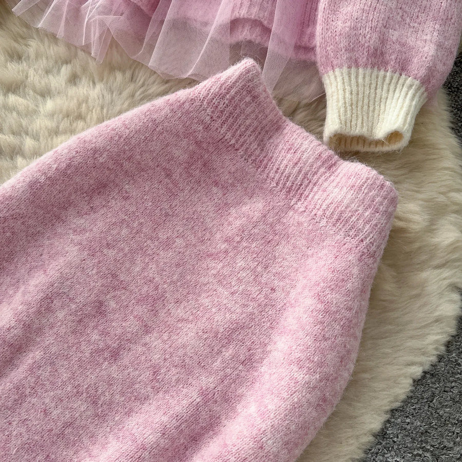 Elegant Knit Patchwork Two Pieces Sets Chic Vintage Cardigan High Waist Mesh Mermaid Skirt Casual Vacation Sets