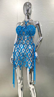 High Quality Blue Sequin Sparkly Diamonds Long Tassels Sleeveless 2 Piece Mini Dress