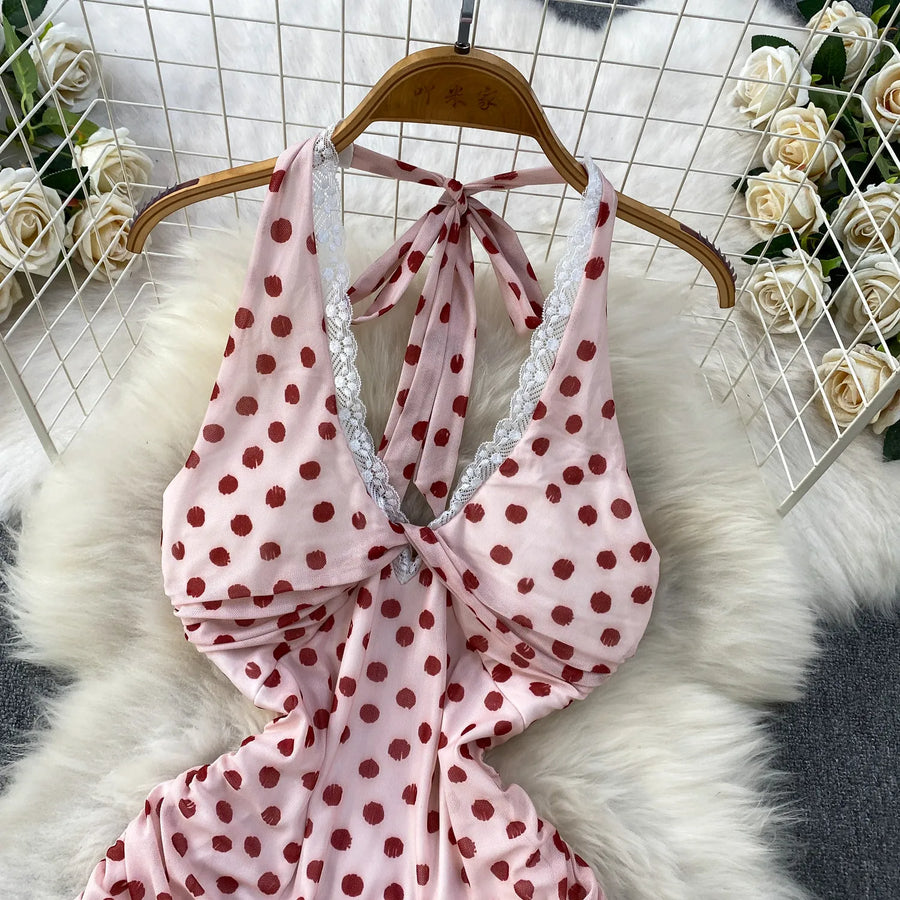 Elegant Sexy Lace Trim Knot V-Neck Halter Woman Dress Summer Ruffle Mesh Polka Dot Mini Woman Party Club Daily Streeywear Dress