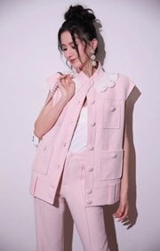 Sweet Pink Lace Collar Women Vest Sets Loose Fit Multi Pocket Sleeveless Jacket Two-Piece Set Full Length Wide Leg Pant Outfits