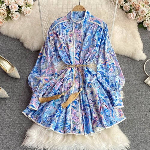 High Quality Big Hem Long Sleeve Turtleneck Printed Dress