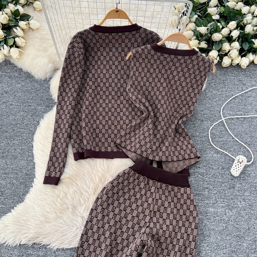 Three-piece sets knitted cardigans + high quality elastic long pants.