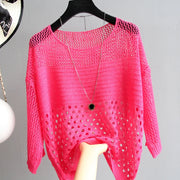 Trendy multicolor round neck hollow striped knitted fine sweater